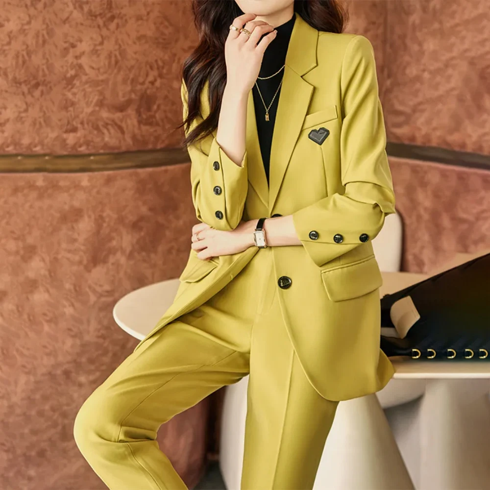 Spring New Women's Office Trousers Suit Fashion Simple Solid Lapel Long Sleeve Blazers+Pant 2 Pieces Set Female Vintage Pantsuit