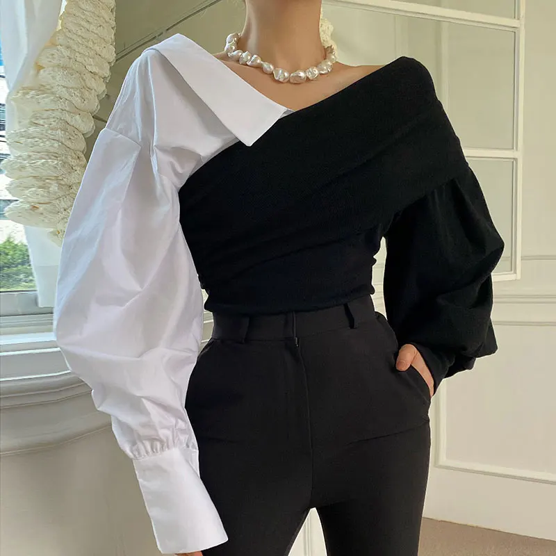 

JSXDHK French Designer Chic Spring Black White Patchwork Blouses Fashion Women Sexy V Neck Hit Color Lantern Sleeve Shirts Tops