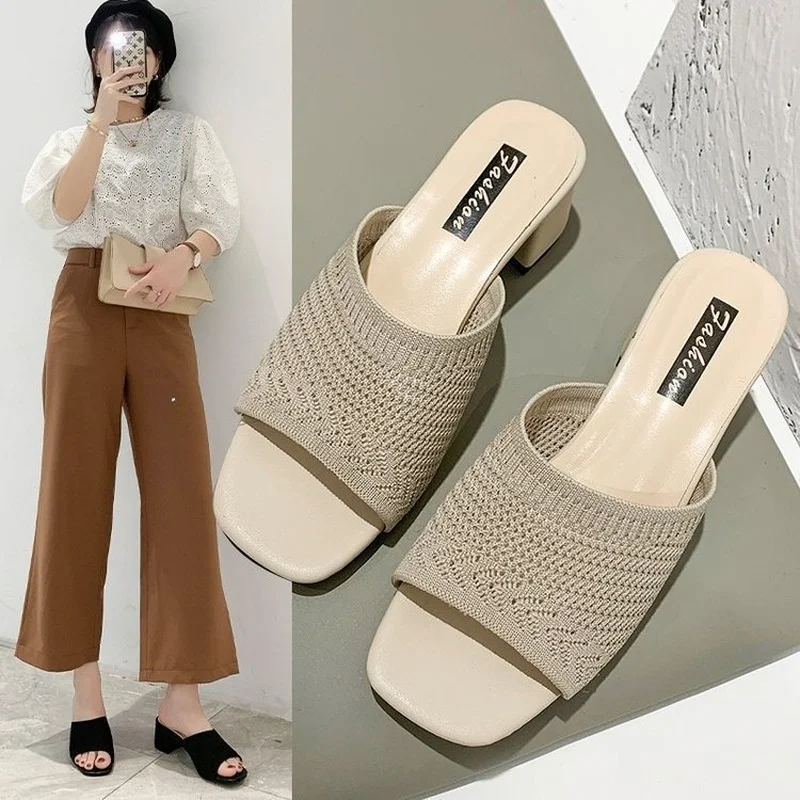 2022 Summer Knitting Women Slippers Thick Heel Middle Heel Sandals Stretch Beige Black Women's Shoes Sexy Fashion Slides Female