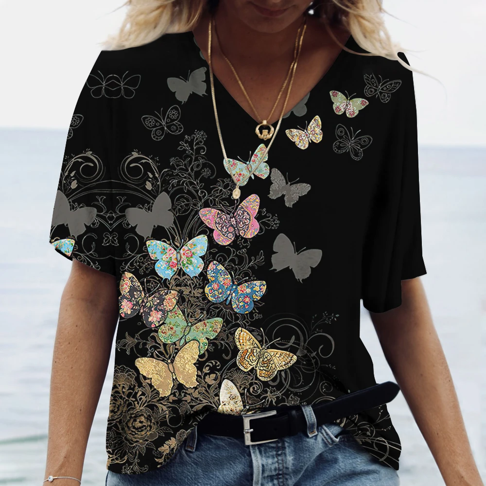 Summer New Fashion Women's V-neck Top Short Sleeve T-shirt 3D Butterfly Pattern Print Casual Street Versatility Y2K Oversize-5XL images - 6