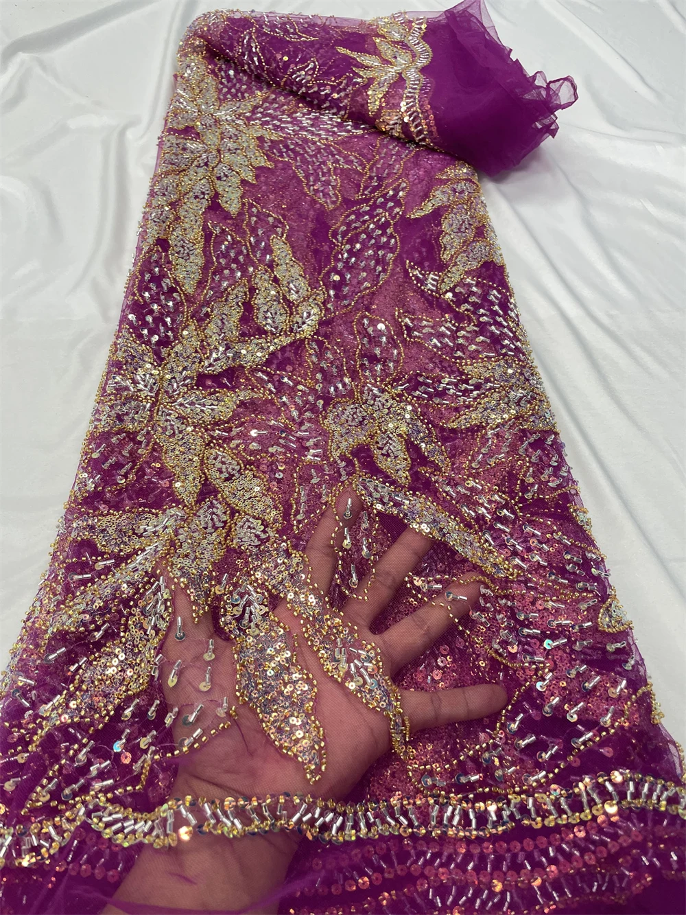 

African Sequins Lace Fabric 2023 Purple High Quality Handmade Beaded Nigerian French Tulle Lace Material For Wedding PL263-5