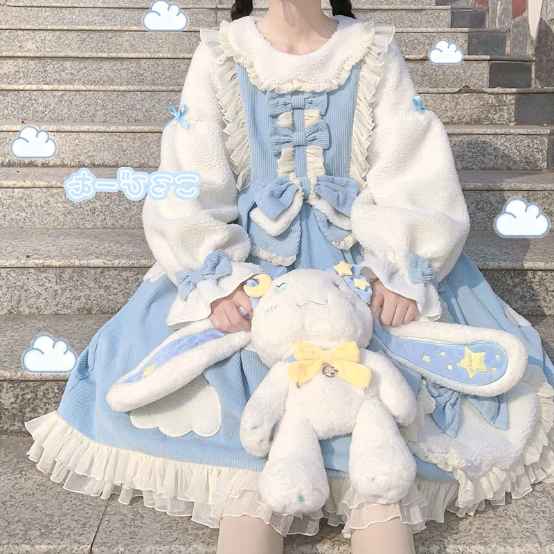 

Зимнее плюшевое бархатное платье-Лолита из овечьей шерсти, утолщенное теплое платье Kawaii Loli, милое студенческое строченное синее розовое, размеры 2Xl, 3Xl, 4Xl