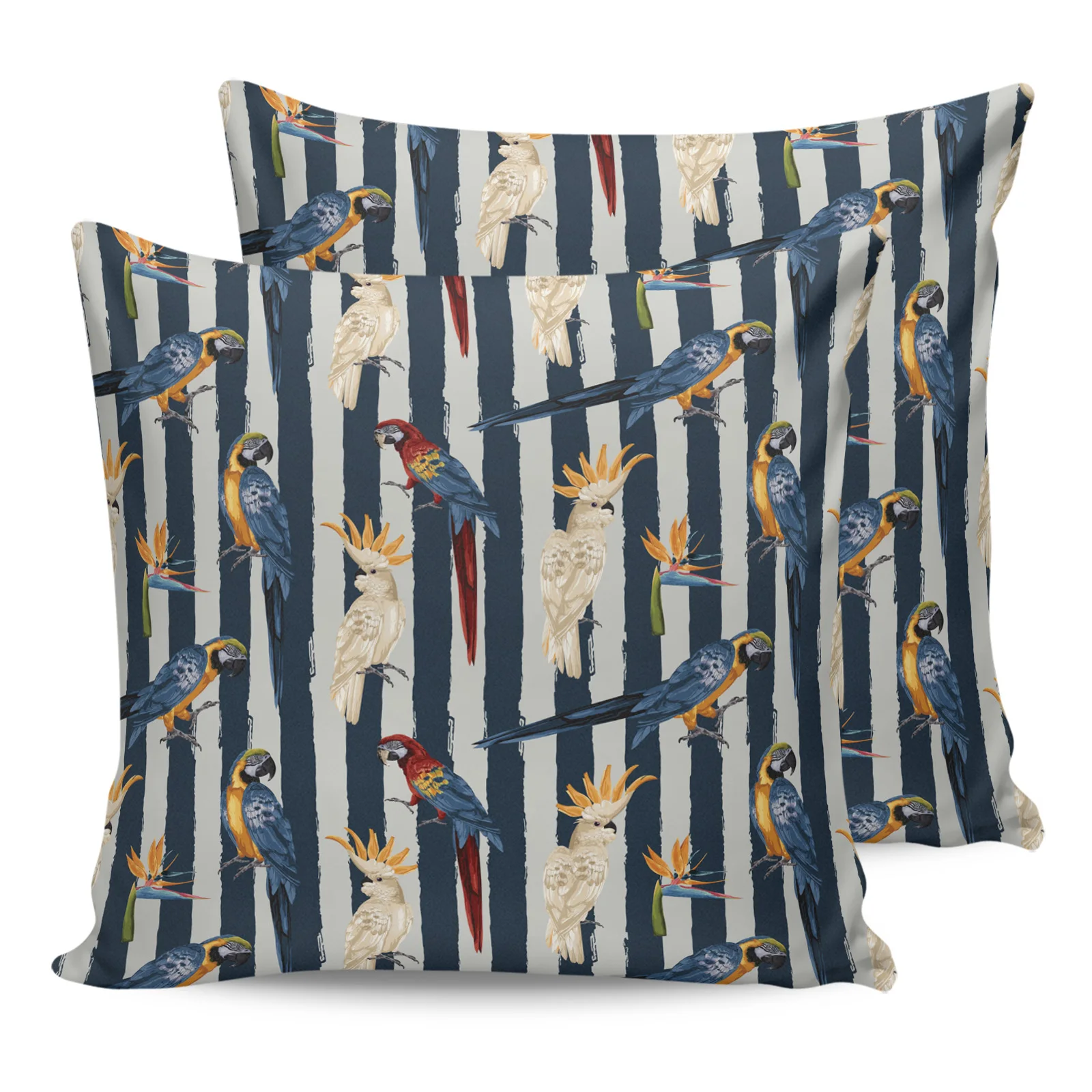 

2PCS Pillowcases Parrot Bird Of Paradise Blue And Gray Stripes Cushion Cover Home Bedding Decorative Couch Throw Pillow Case