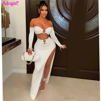 Adogirl Feathers Two Piece Set Party Dress Women Metal Ring Strapless Off Shoulder Long Sleeve Crop Top High Split Maxi Skirt 1