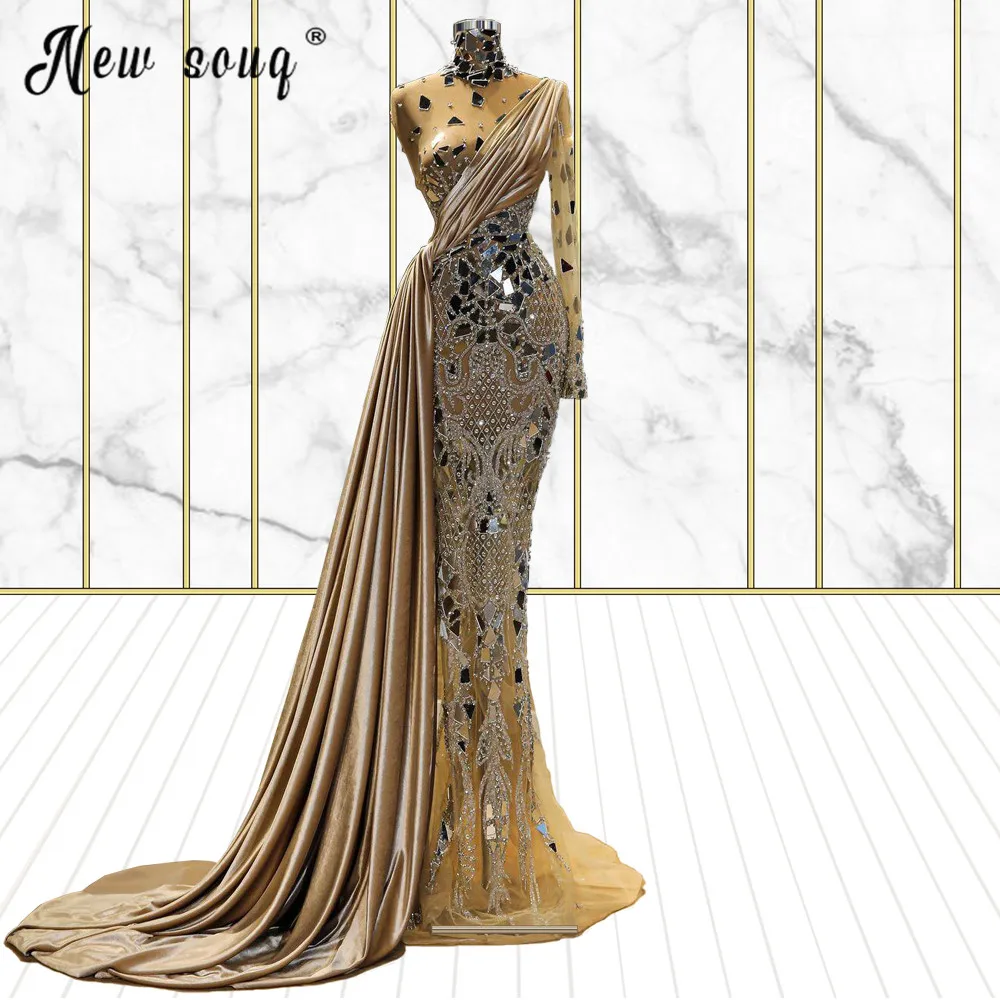 

Luxury Gold Champagne Crystal Evening Dress Arabic Mermaid See Through Formal Gowns For Women 2022 Long Cap Sleeve Muslim Dress