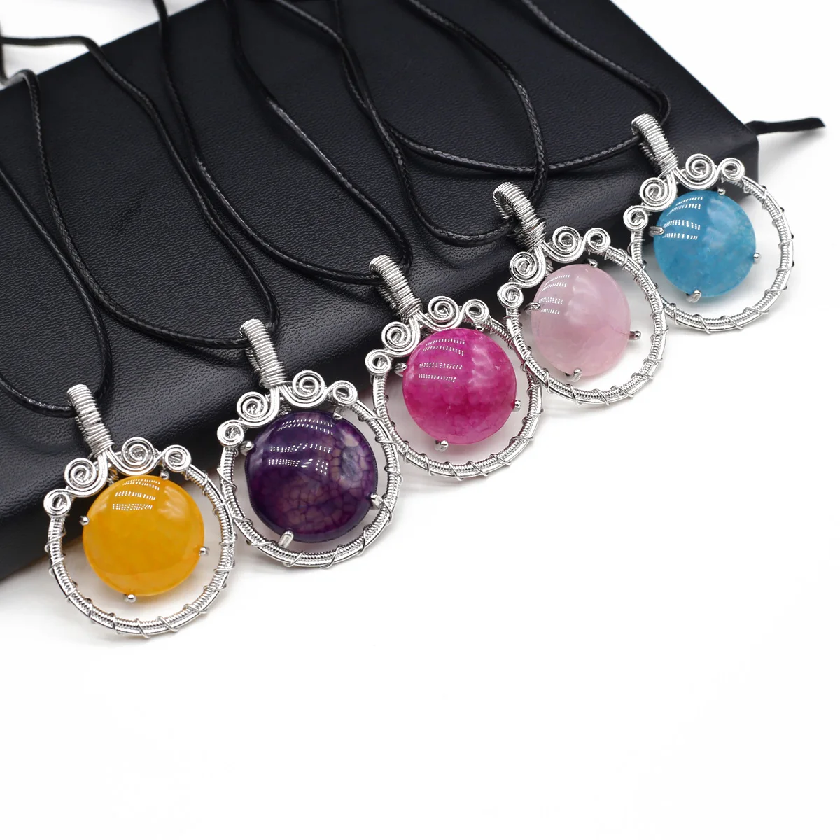 

Natural Stone Pendants Necklace Round Shape Crystal Quartz Agate Stone Wire Hand Knitting Wax Cord for Jewelry Party Gift