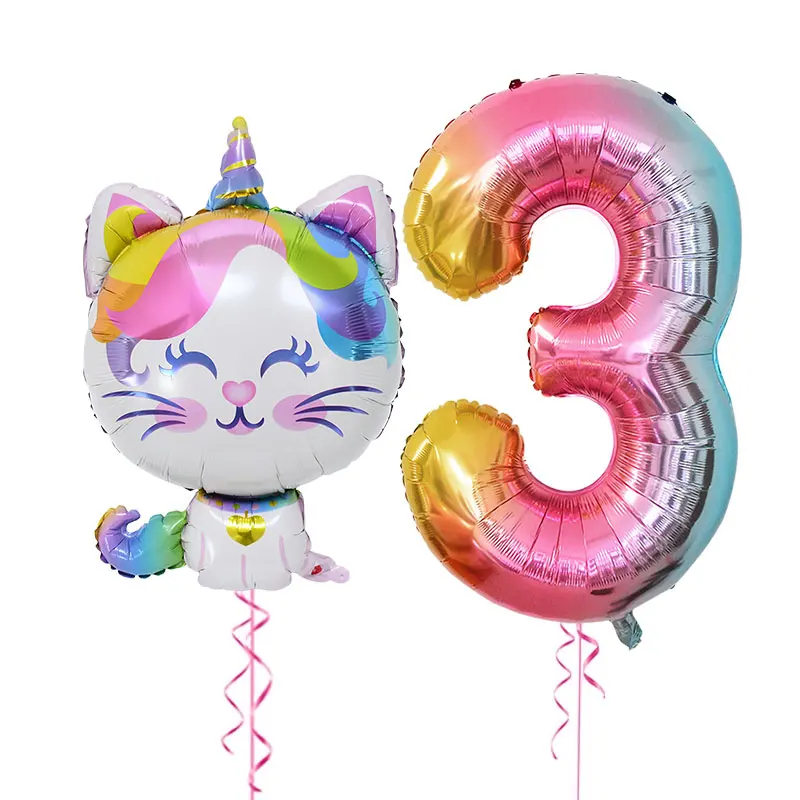 

2pcs/set Rainbow Unicorn Cat Foil Balloon 40inch Gradient Number Ballon Kids 1 2 3 4 Years Birthday Party Decoration Baby Shower