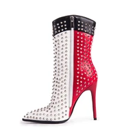 female mixed colored rivet heel boots woman fashion side zipper poined toe sexy pink and white ankle boots