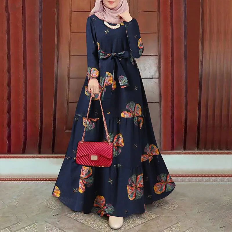 Kaftan Women Printed Sundress  Elegant Floral Muslim Dress Turkey Abaya Hijab Vestidos Belted Female Islam Clothing Robe