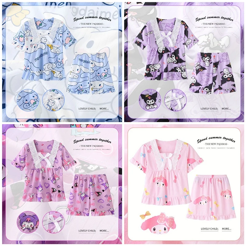 

2023 New Sanrio My Melody Cinnamoroll Kuromi Cartoon Cute Childrens Suit Girls Pajamas Short-Sleeved Shorts Summer Home Service