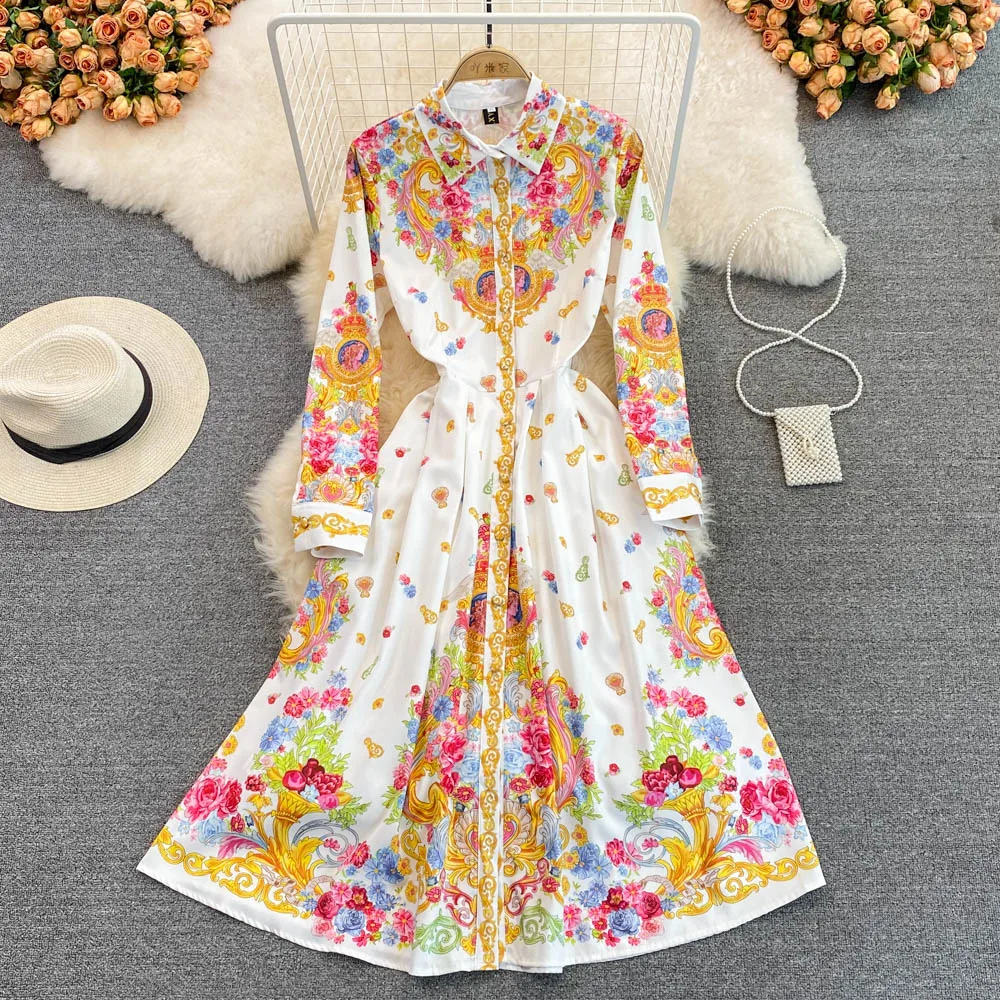 

Spring Vintage Palace Style Long Sleeve Lapel Single Breasted Positioning Printed Dress Elegant A-word Large Swing Long Dress
