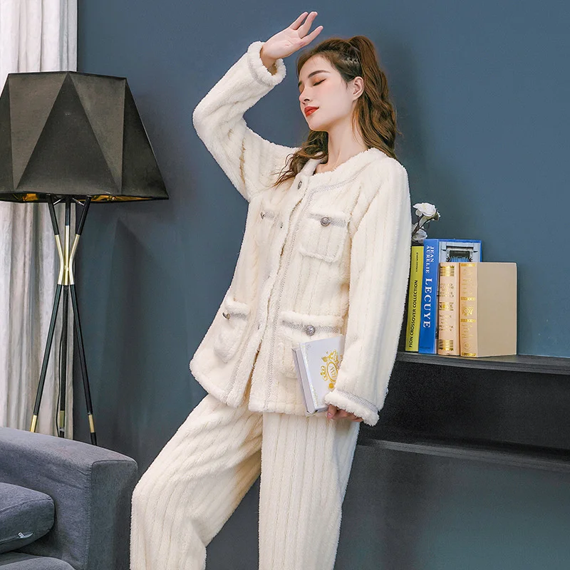 Winter Pajama Set Women Flannel Fleece Warm 2pcs Sleep Suit Pajams Winter Thicken Nighty Thermal Nightwear Pyjama Set Sleepwear