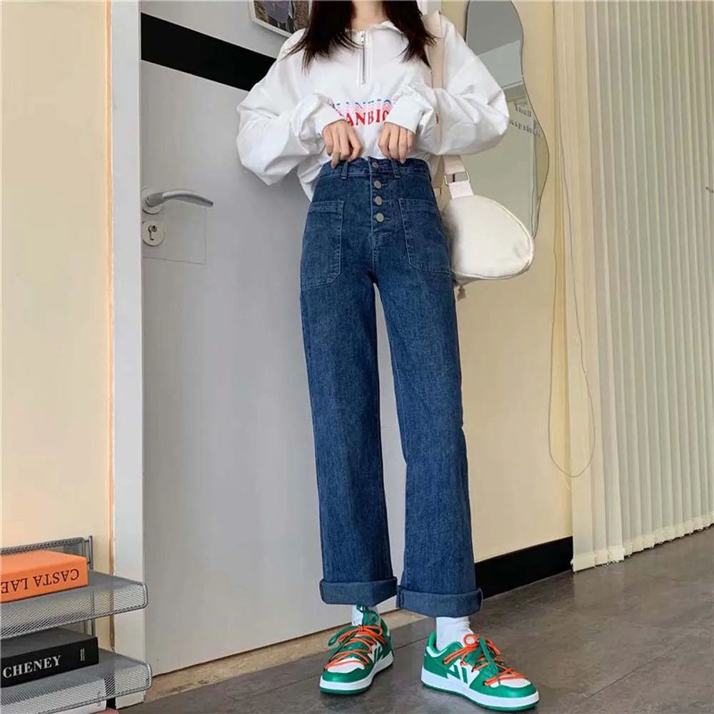 High waisted straight leg jeans Women's dark blue loose fall new large size drop feel wide leg mop pants jeans y2k pants vaquero