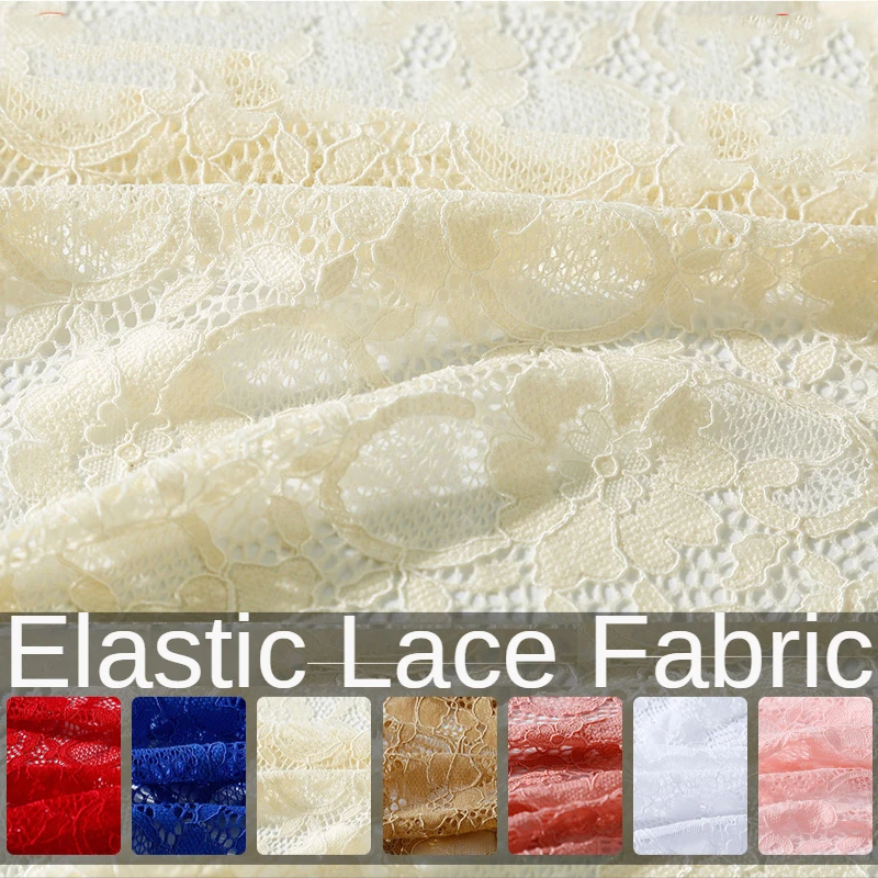 

Elastic Lace Fabric By The Meter for Dresses Clothing Skirts Sewing Begonia Flowers Plain Hollow-out Mesh Cloth Black White Thin