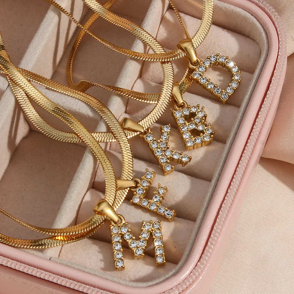 

316L Stainless Steel Stylish Classic Pavé Zircon Letter Pendant Flat Snake Bone Chain Necklace High Quality 18K Plated Women