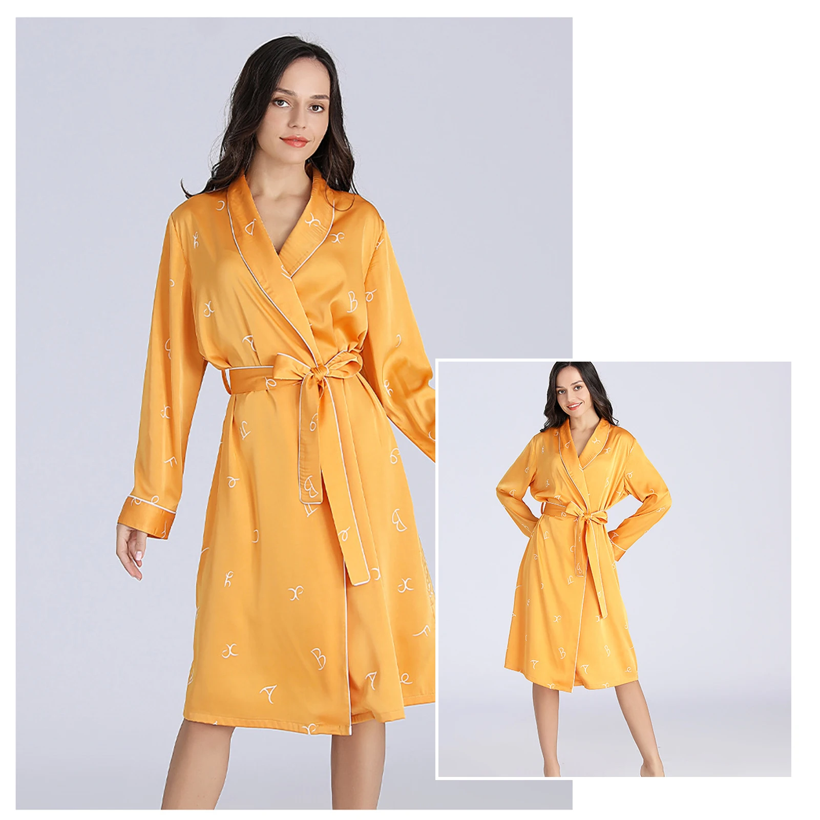 Spring Summer Silk Nightdress Mid-Length Women's Bathrobe Long Sleeve Nightclothes
