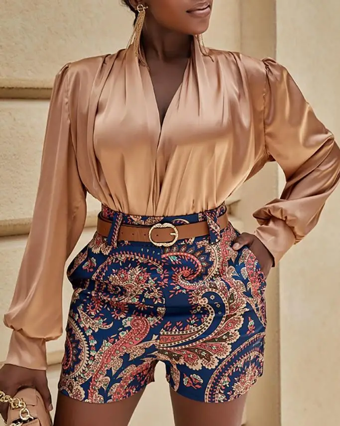 

Women Clothing 2 Pieces Set V-Neck Puff Sleeve Ruched Top & Paisley Print Belted Shorts Set Skinny Elegant Office Casual Suit