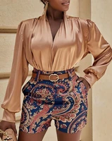 women clothing 2 pieces set v neck puff sleeve ruched top paisley print belted shorts set skinny elegant office casual suit