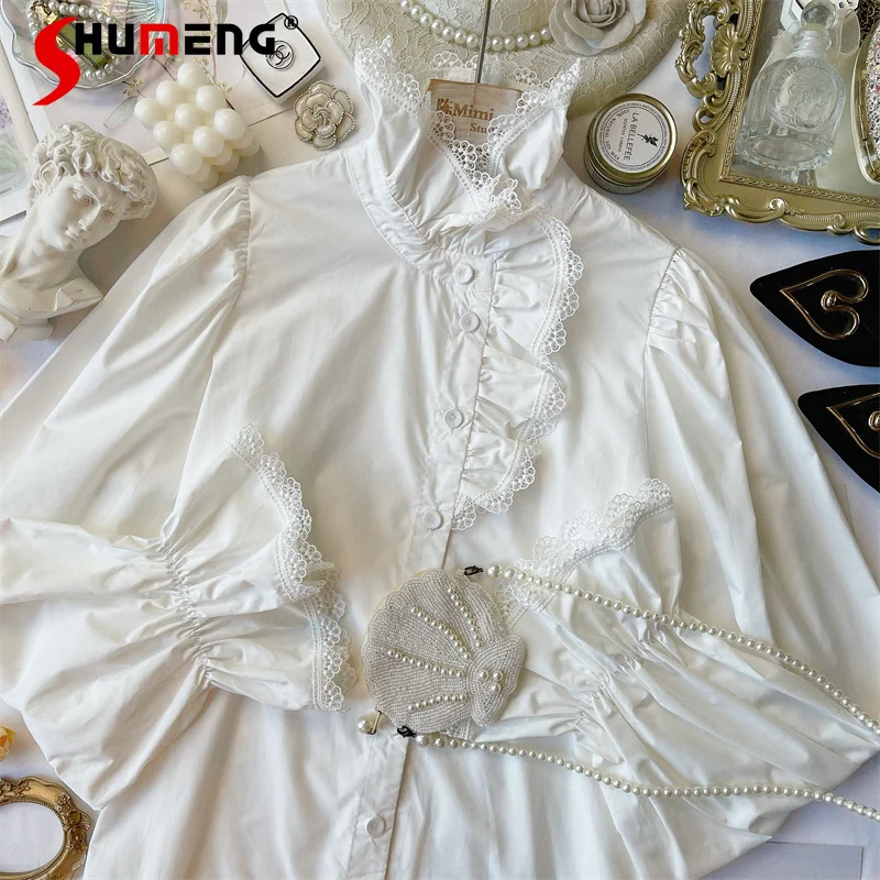 

French Style Vintage Tops Mujer Court Style Lace Ruffled Design Early Spring White Bottoming Shirt for Women Camisas De Mujer