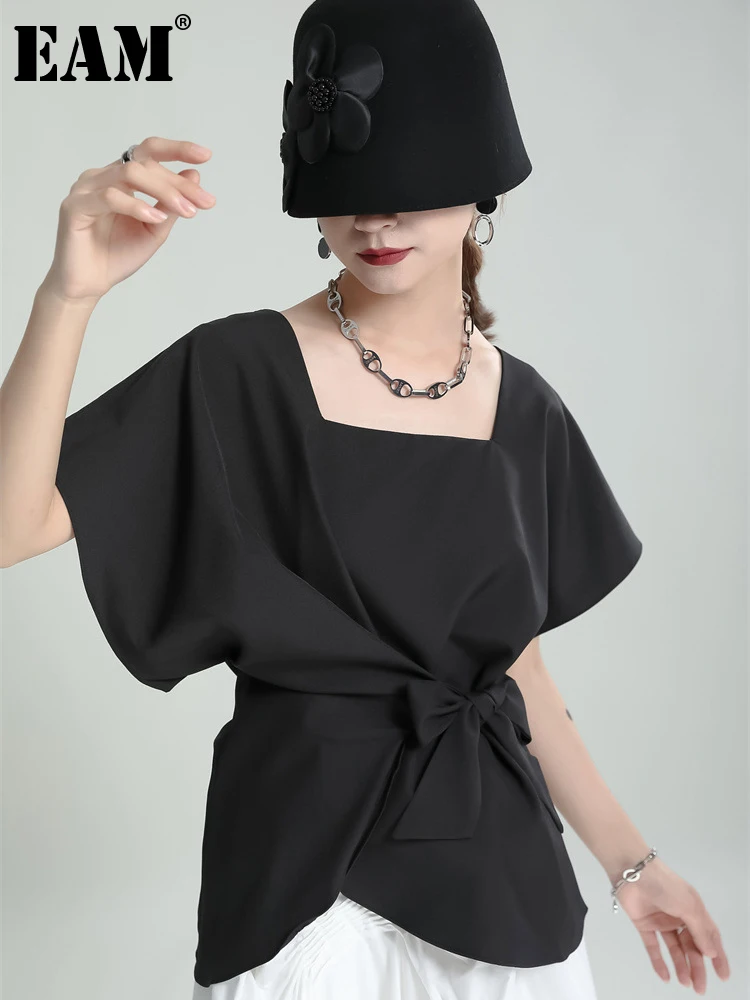 

[EAM] Women Black Bandage Irregular Elegant T-shirt New Square Collar Short Sleeve Fashion Tide Spring Summer 2022 1DE8395