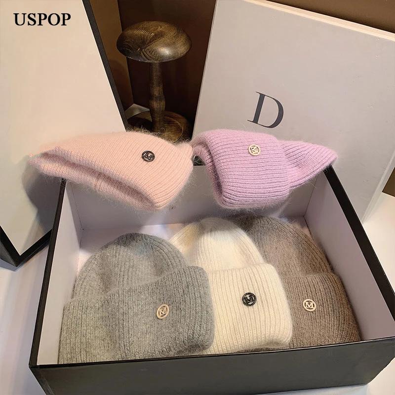

SWAK New Women's Hats Winter Thick Warm Knitted Hats Solid Color Letter M Soft Rabbit Hair Skullies Beanies