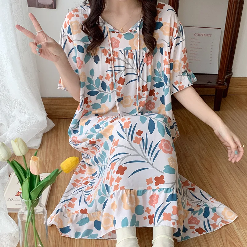 Short Sleeves Spring Loose Nightgowns Women Cotton Sleepshirts Casual Fashion Floral Print Lounge Mujer Clothes Summer Sleepwear
