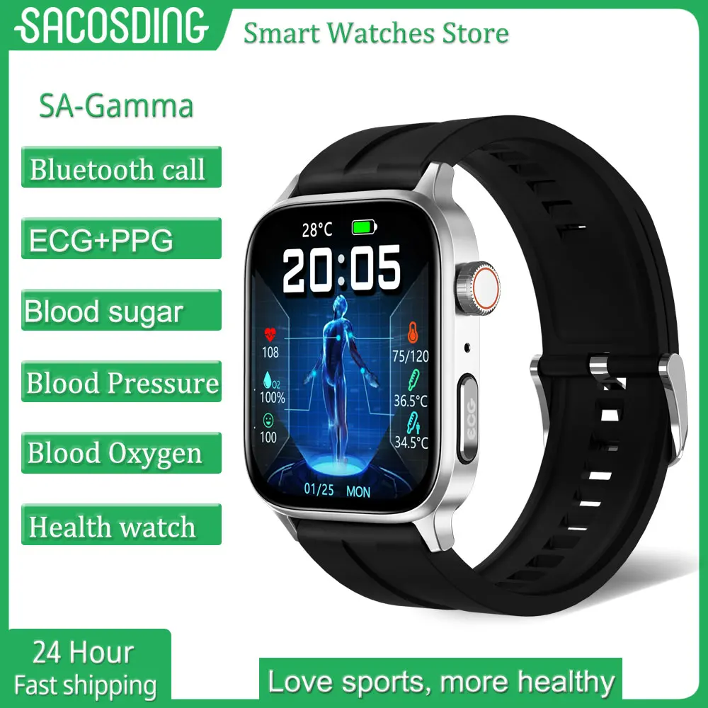 

2023 New Non-invasive Blood Glucose Smart Watch Men Bluetooth Call Wristwatch BodyTemperature Stress Test ECG+PPG Smartwatch Men
