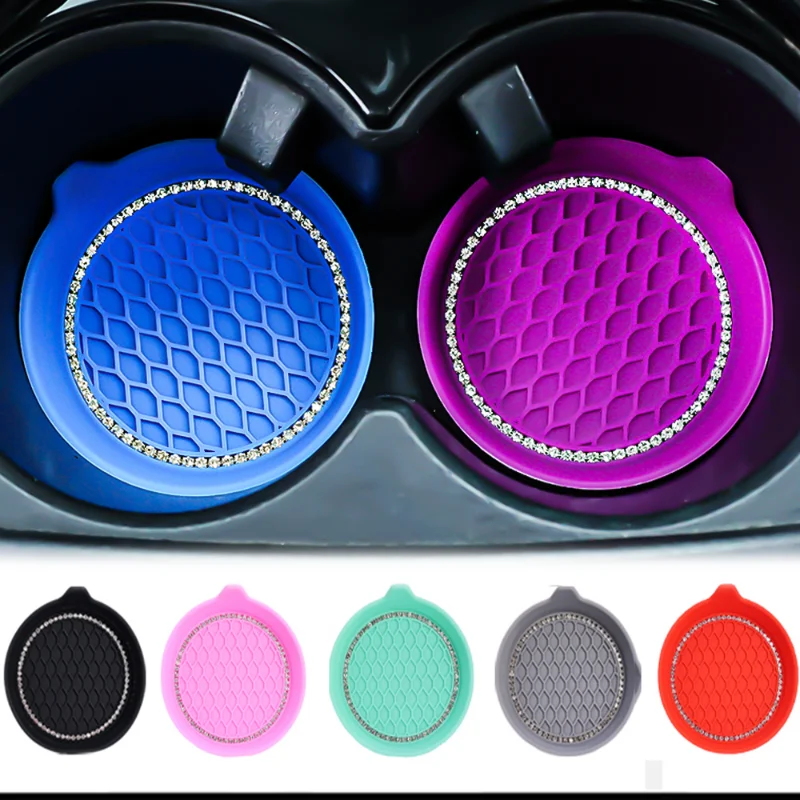 

2Pcs Car Water Cup Slot Pad Bling Rhinestone Coaster Non-Slip Mat Auto Truck Water Cup Protcetive Silica Gel Pad Accessories