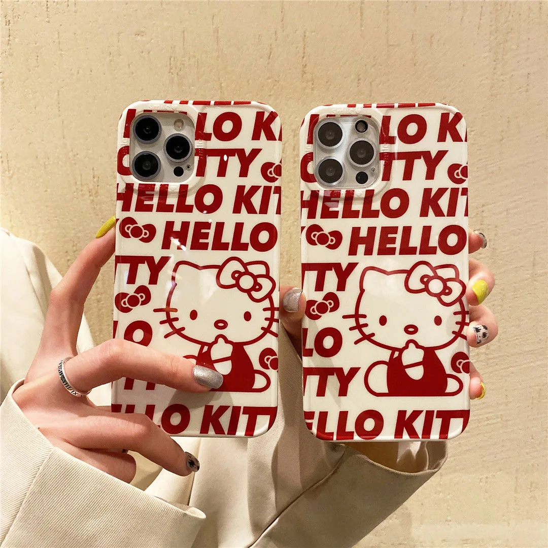 

Cartoon Hello Kitty Fashion Letter Phone Cases For iPhone 13 12 11 Pro Max XR XS MAX 8 X 7 SE 2020 Girl Anti-drop Soft TPU Cover