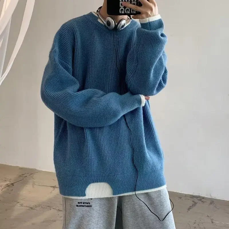 Осенний толстый мужской свитер модный брендовый свободный вязаный топ с круглым