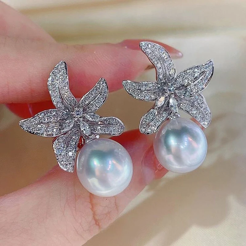 

Huitan Newly Designed Flower with Simulated Pearl Women's Earrings Aesthetic Female Ear Accessories for Party Sparkling Jewelry