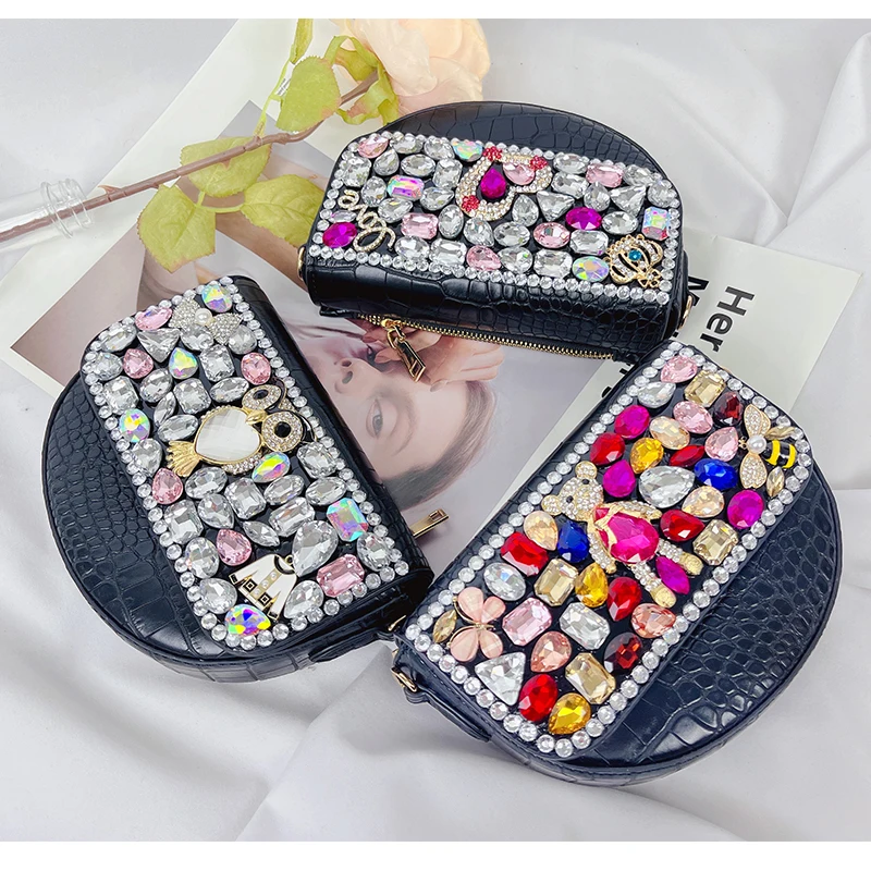Colorful Rhinestone Purses and Handbags for Women Designer Half Moon Purses Party Clutch Chic Shouder Bag Cross Body Pu Leather