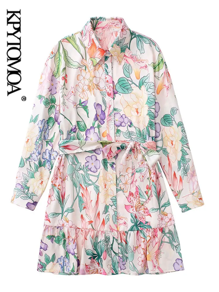 

KPYTOMOA Women Fashion With Belt Floral Print Ruffled Mini Shirt Dress Vintage Long Sleeve Button-up Female Dresses Vestidos