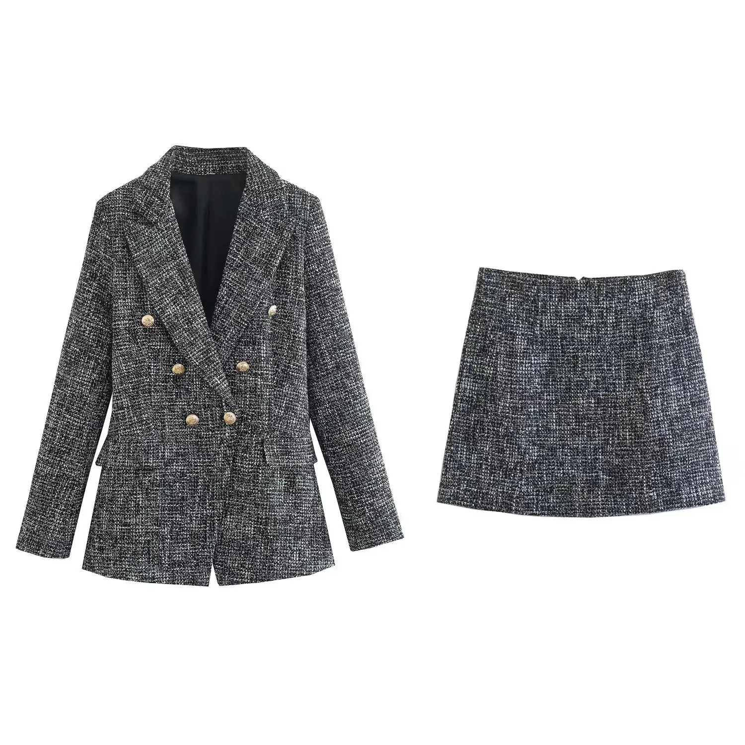 TRAF Women Summer Vintage Notched Collar Houndstooth Pattern Tweed Woolen Blazer Coat Female Outerwear Chic Suits Veste Tops