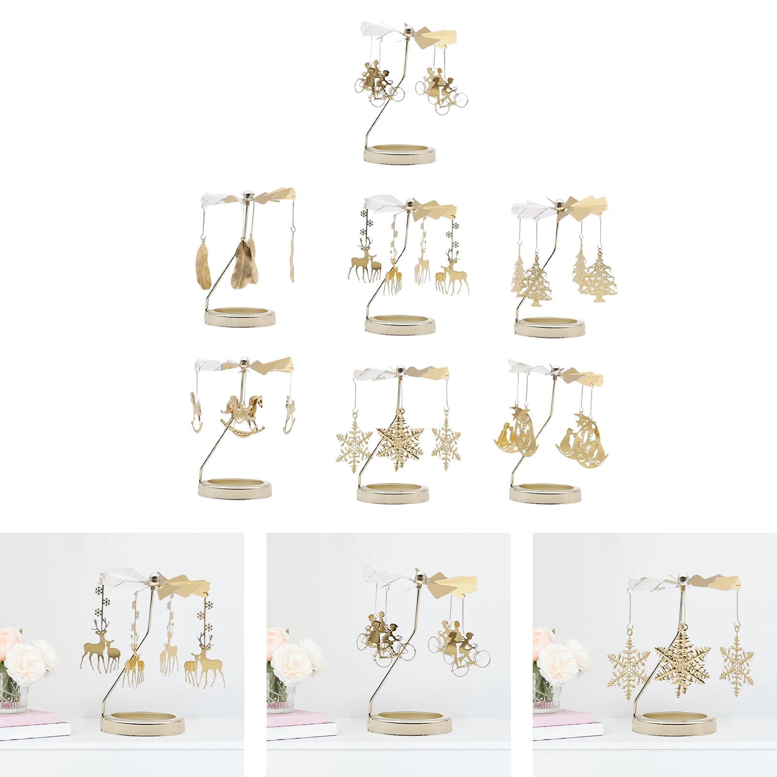

Gold Candlesticks Rotating Romantic Rotation Spinning Carrousel Tea Light Candle Holder for Christmas Party Home Decoration