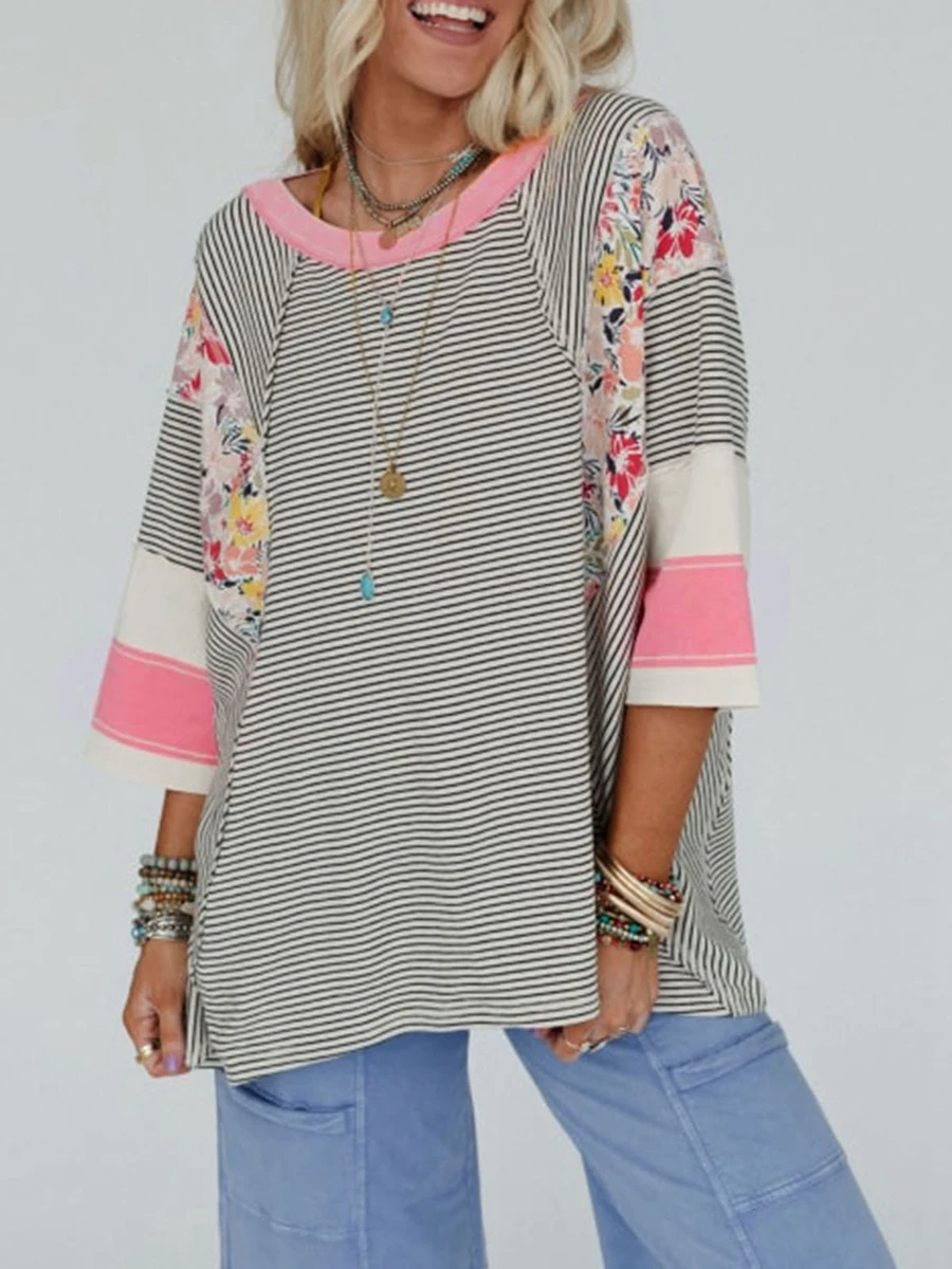 Женская свободная футболка с цветочным принтом и круглым вырезом