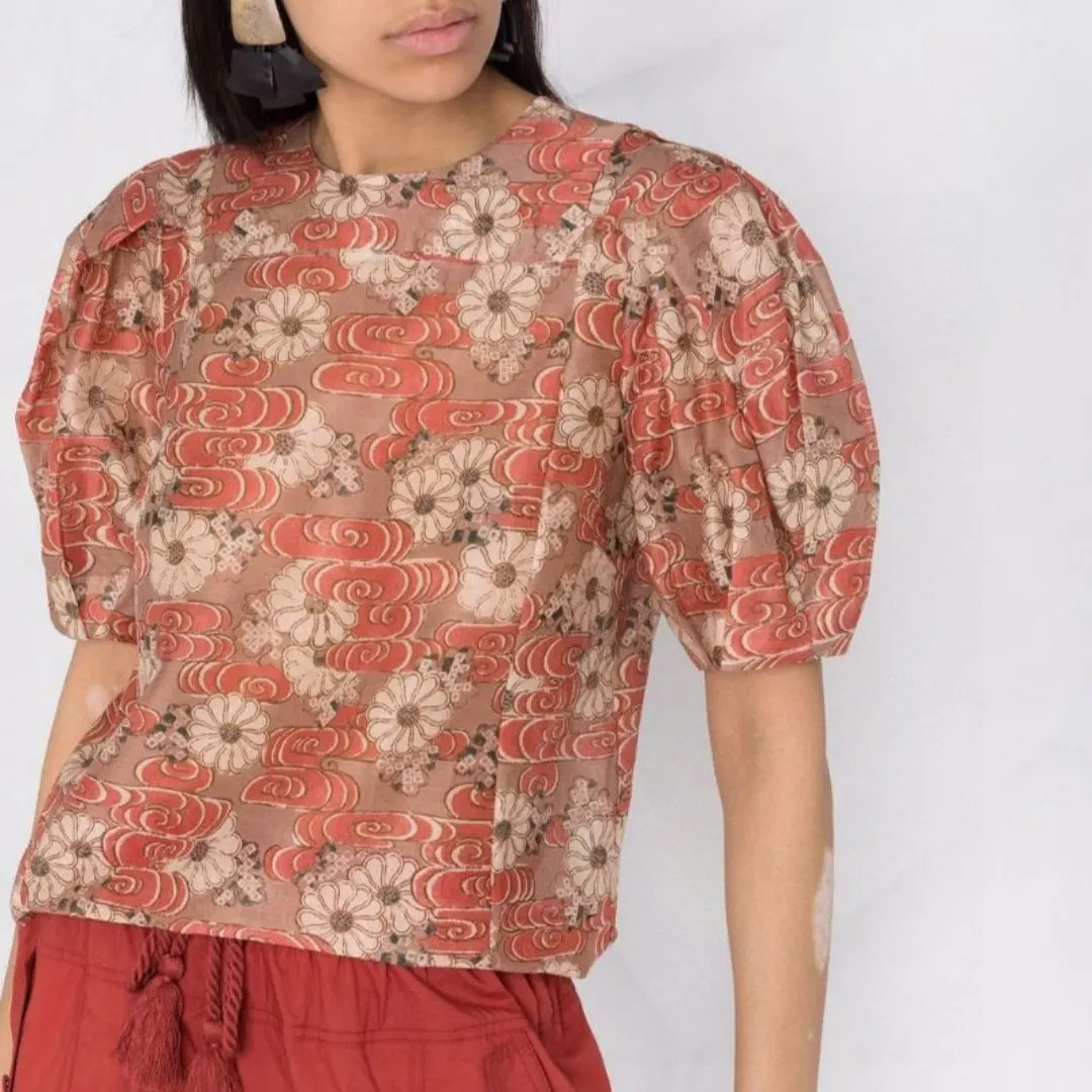 

Vintage Print Women's Short Sleeve Shirt tops fashion casual lady blouse