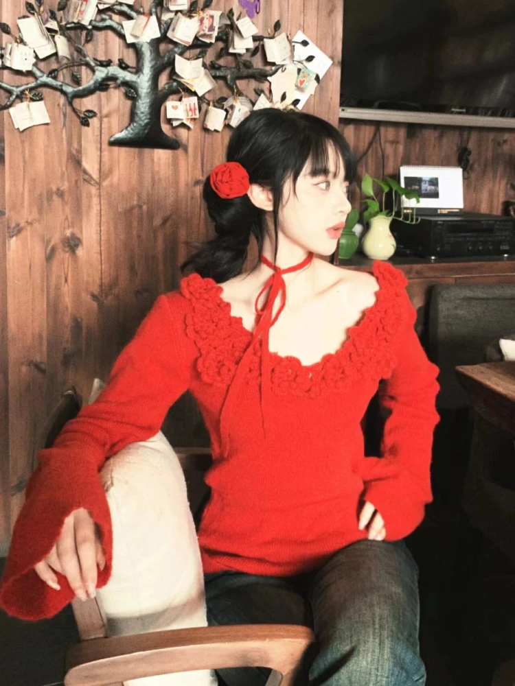 Y2k эстетичный милый пуловер с 3D цветами и открытыми плечами 2024 Женский винтажный