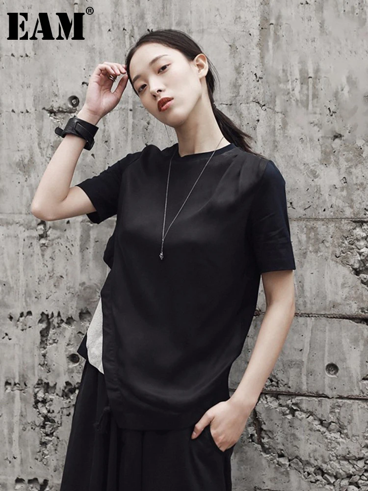 

[EAM] 2022New Spring Summer O-collar Short Sleeve Dark Blue Back Striped Stitch Irreguar Drawstring Hem T-shirt Women JF260