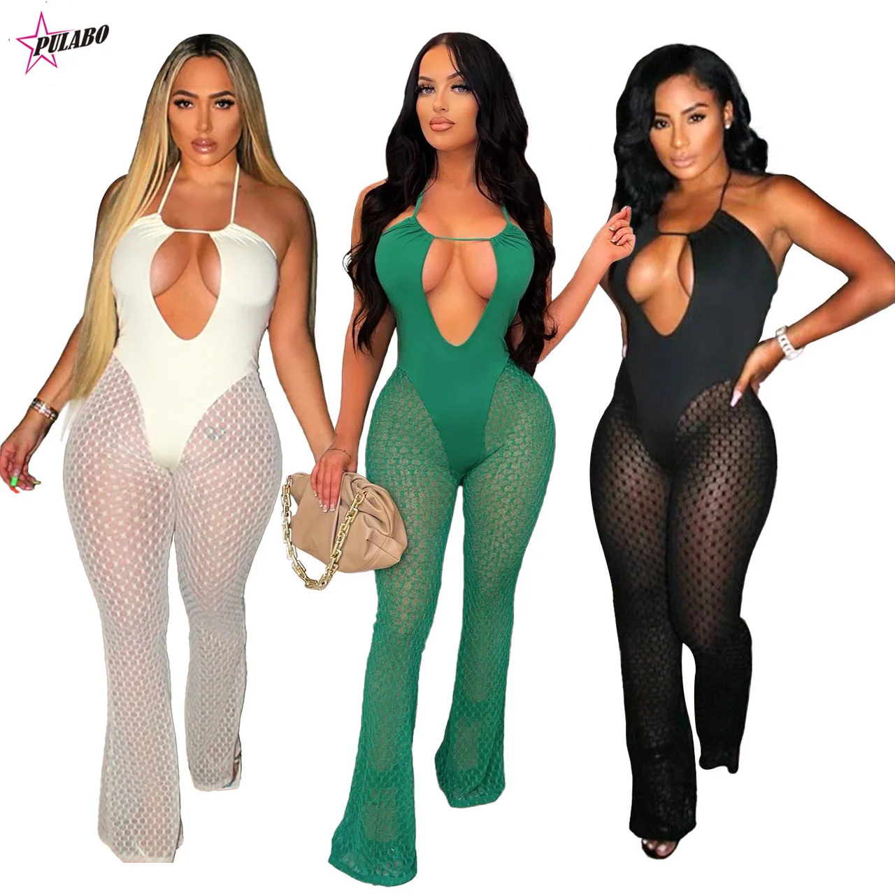 

PULABO 2022 Summer Nightclub Halterneck See Through Mesh Jumpsuit Woman Sexy Strappy Hollow Stitching Flared Trouser Romper