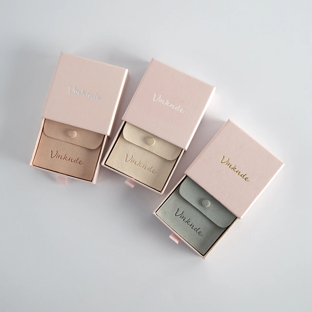 Custom Logo Wedding Gift Box Candy Pouches 9x9x3.2cm Drawer Jewelry Packaging Boxes Case Microfiber Earrings Pendant Button Bag