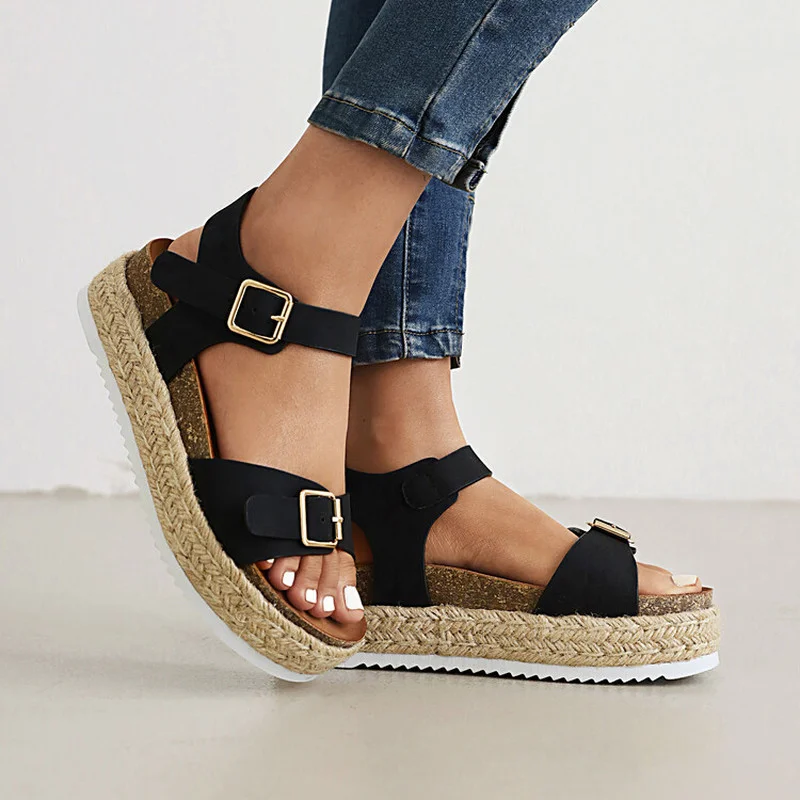 

LeShion Of Chanmeb INS Trendy Metal Buckle Sandals Women Flat Platform Navy Blue Sandal Ladies Casual Leisure Summer Footwear 42