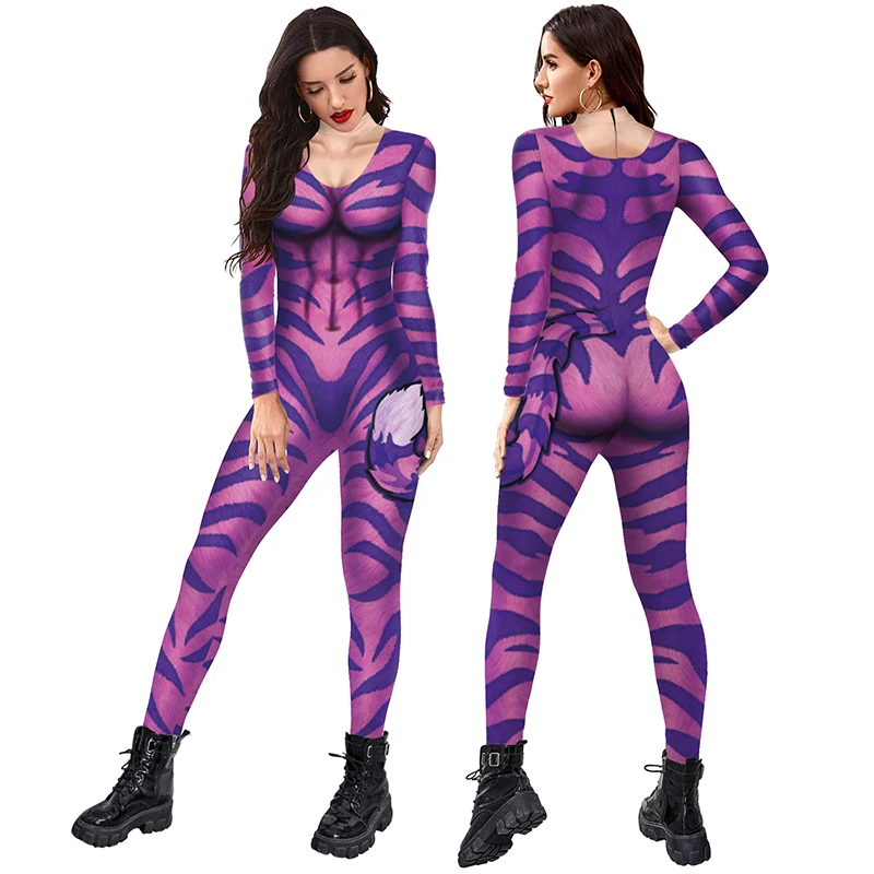

2022 New Adults Cosplay Tigers Costume Bodysuit Spandex Zentai Party Clothing Slim Leopard Pattern Bodysuits