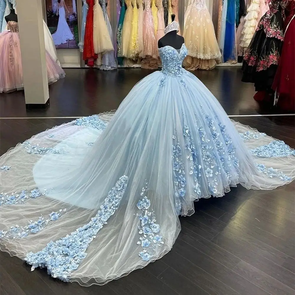 

ANGELSBRIDEP Sky Light Blue Sweet 16 Quinceanera Dresses With Cape 3D Handmade Flowers Appliques Princess Birthday Formal Gowns