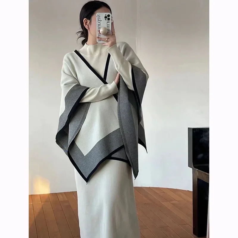 

New 2023 Spring and Autumn Warm Cape Women's Cloak Color-blocked Loose + Fashionable Knitted Dress Set