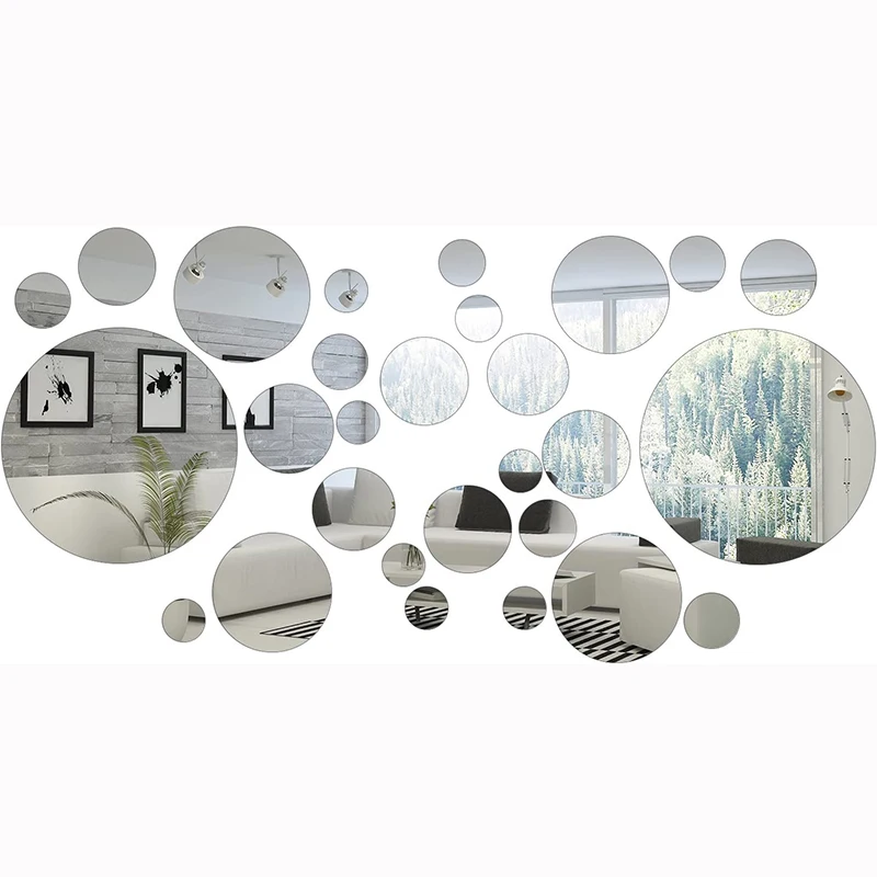 

28 Pcs Removable 3D Acrylic Mirror Sticker Adhesive Round Circle Mirror Tiles Decals for Home Living Room Bedroom Decor