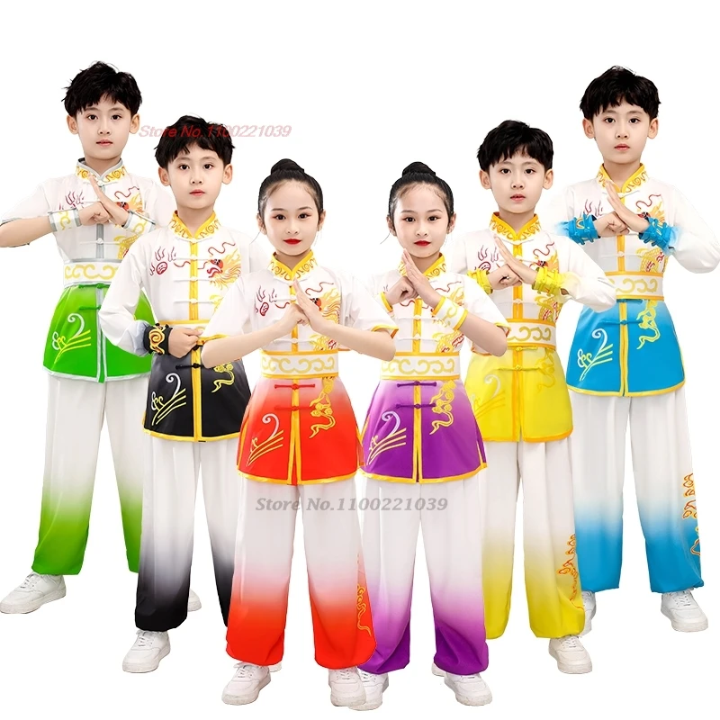 2024 chinese traditional children wushu tai chi martial arts kung fu suit dragon print stage performance training exercise set