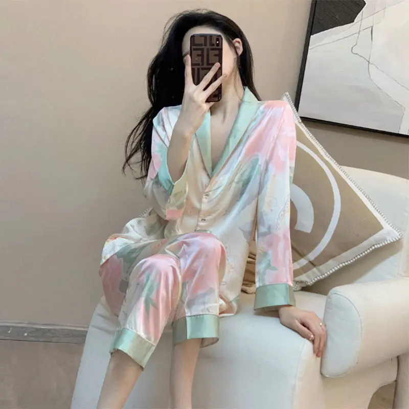 1 Pajamas Women's Spring and Autumn Ice Silk Long Sleeves Luxury Large Size Real Silk Home Fur Small Fragrant Wind