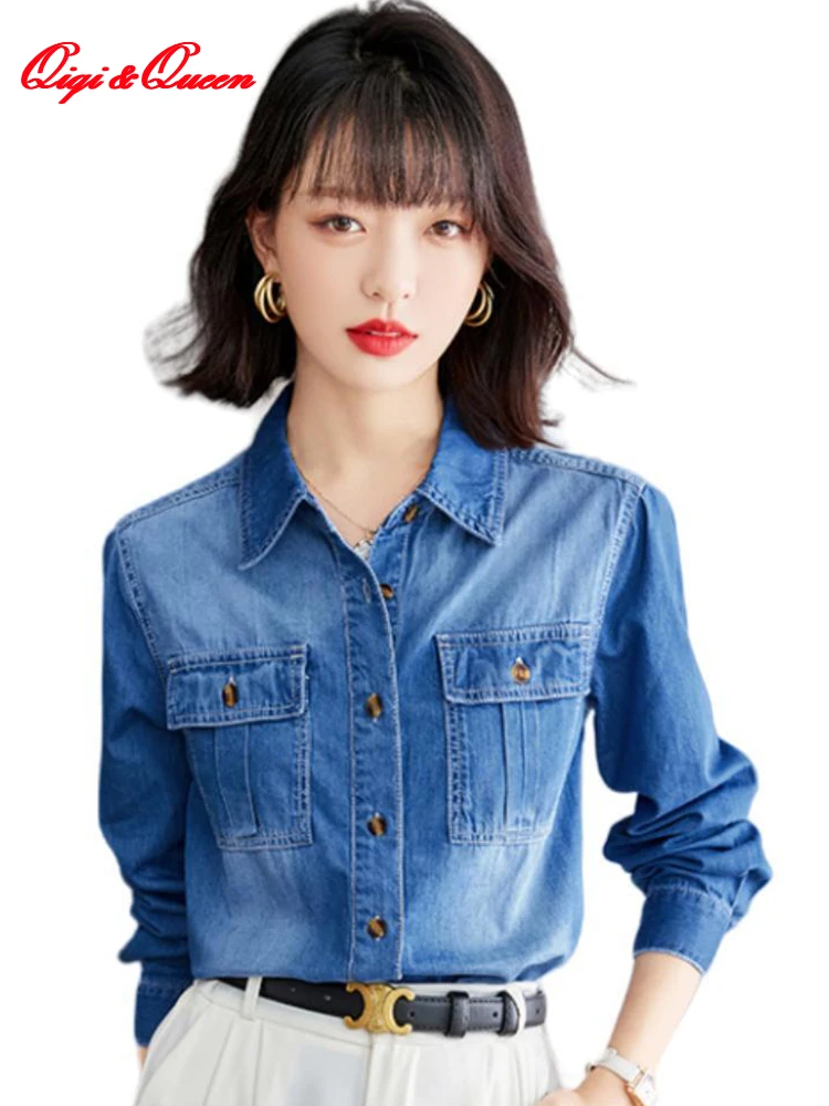 

Qiqi&queen Autumn Simple Elegant Fashion Pocket Denim Blouses Womens Korean Loose Casual Vintage Shirts Long Sleeve Office Tops