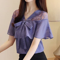 lace patchwork v neck bow elegant chiffon shirts women clothing 2022 summer new fashion korean sweet ruffles solid color blouses